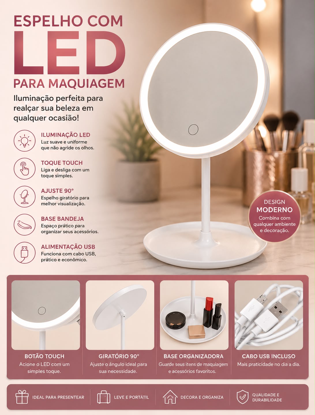 Espelho de Mesa com LED para Maquiagem