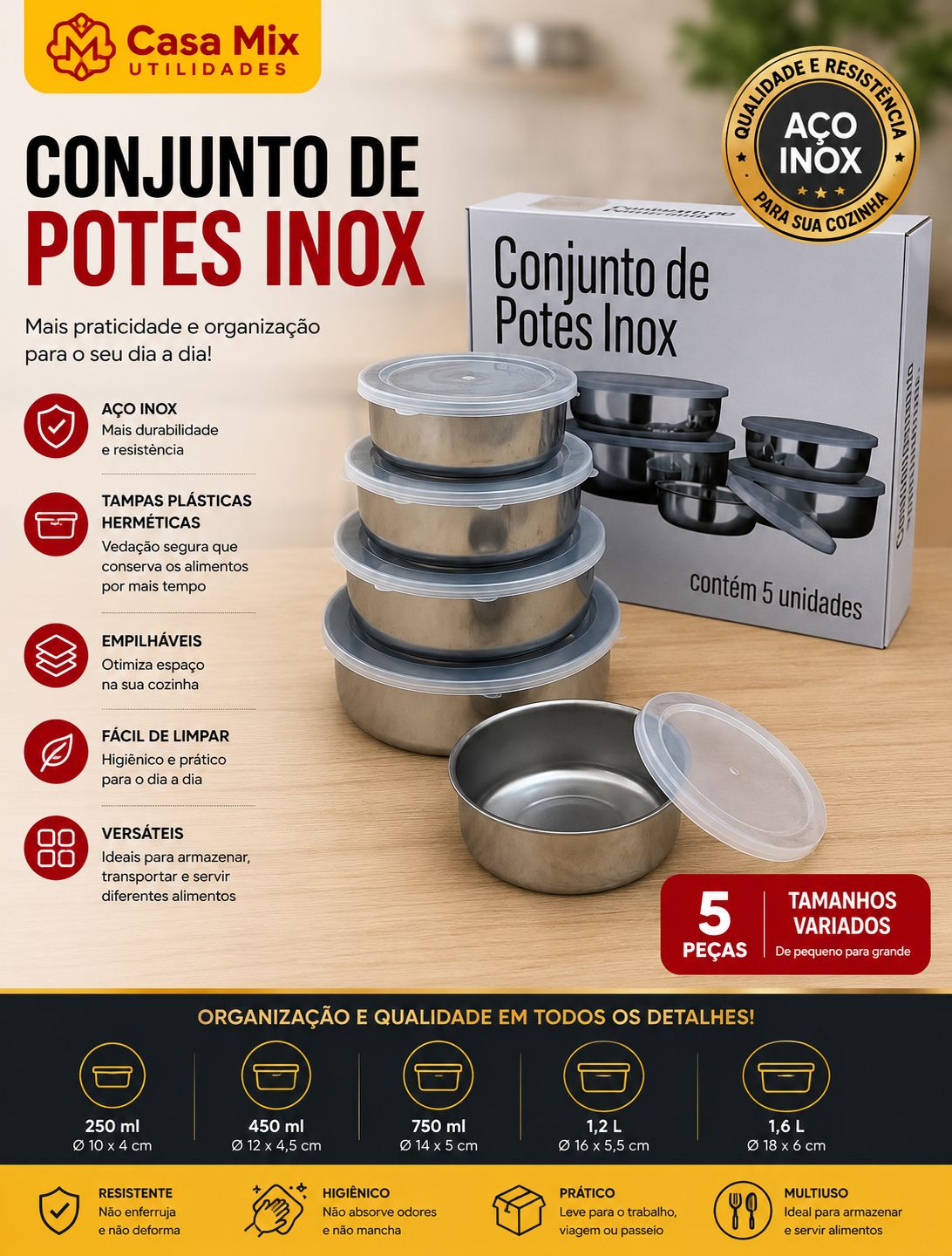 Conjunto de Potes Inox com 5 peças