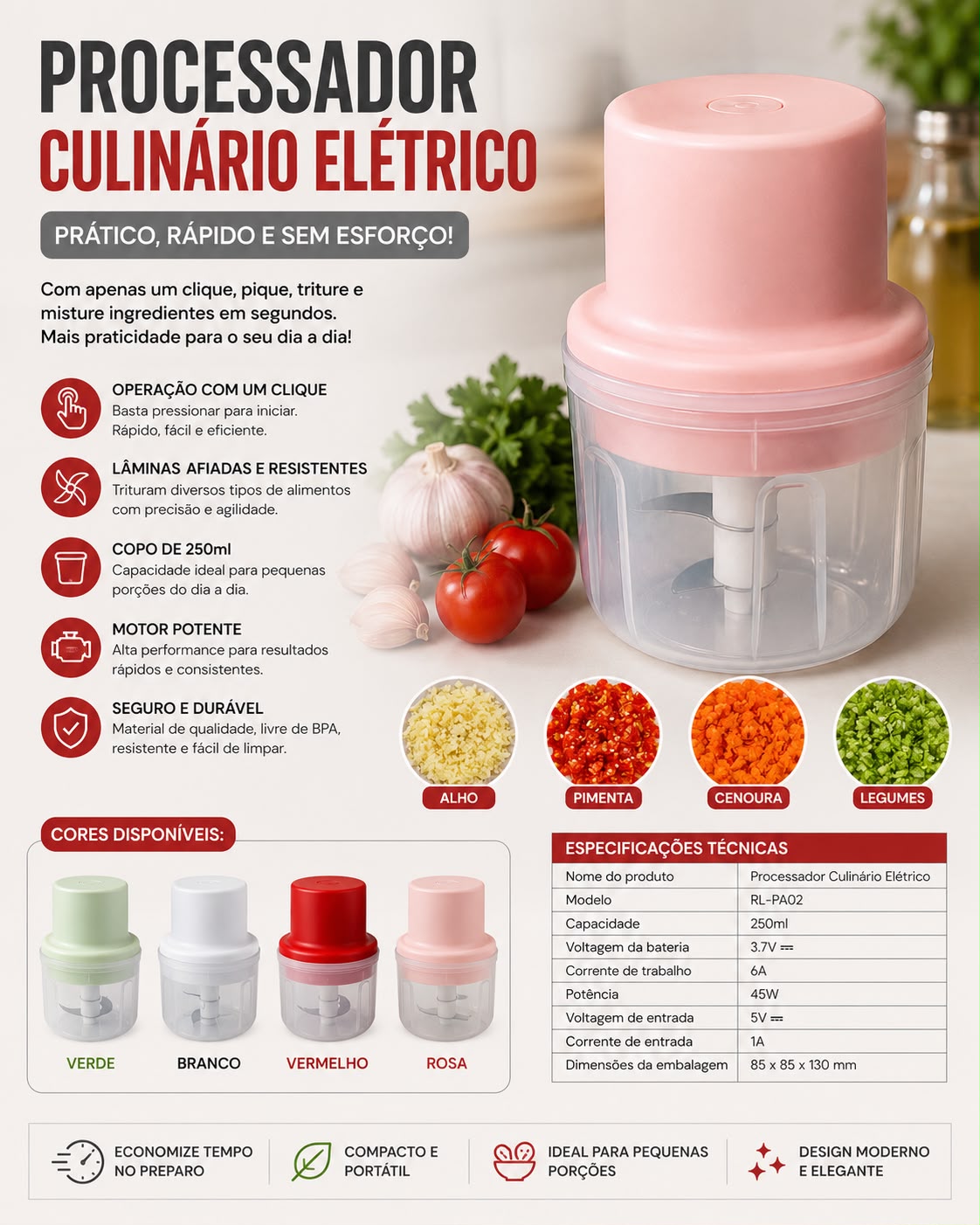 Processador Culinário Elétrico Portátil 250ml