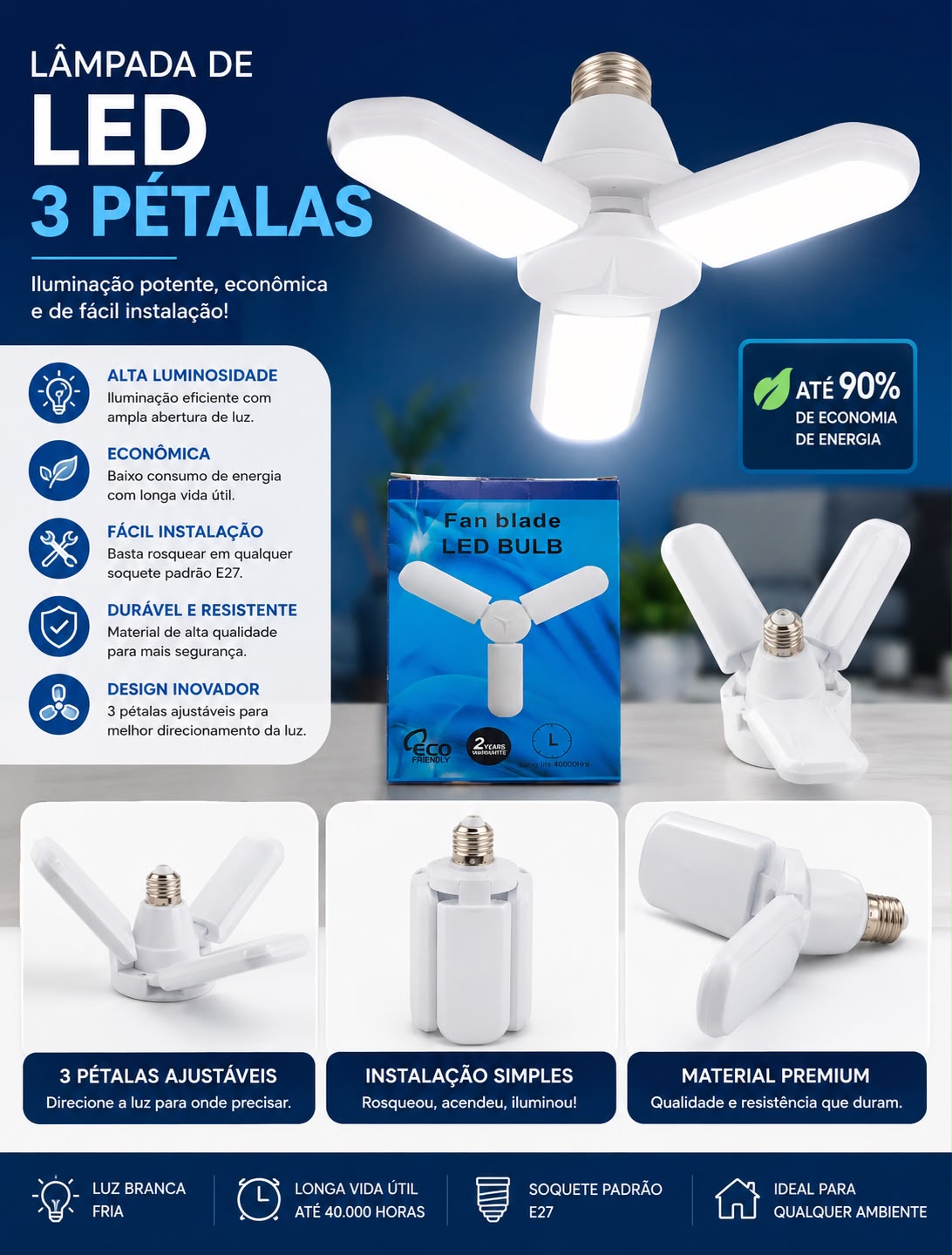 Lâmpada de LED 3 Pétalas Dobrável