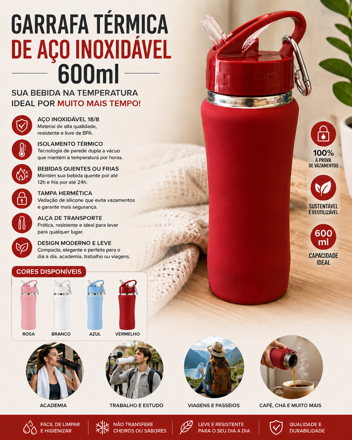 Garrafa Térmica de Aço Inoxidável 600ml